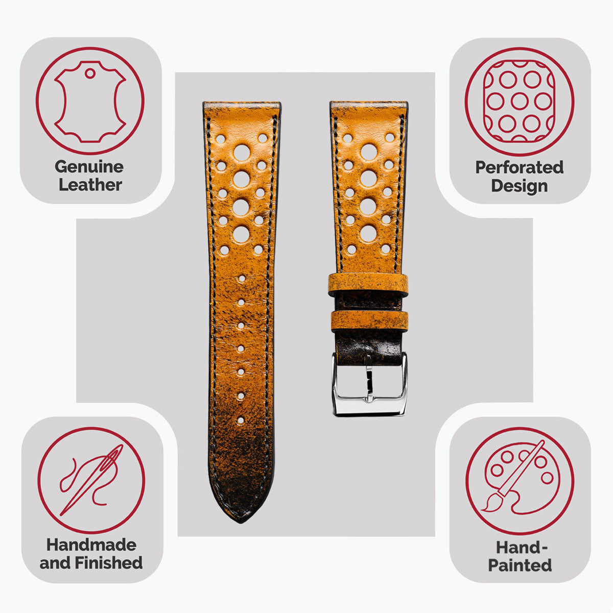 Radstock Racing Style Genuine Leather Watch Strap - Vintage Gold