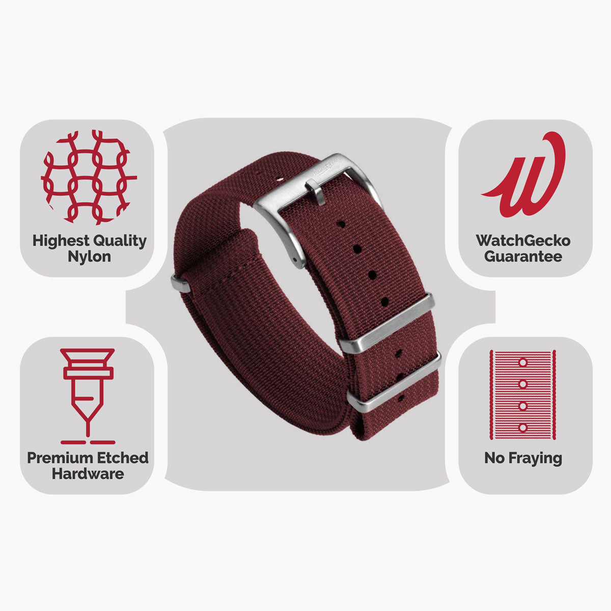 WatchGecko Ridge Military Nylon Watch Strap - Burgundy Red