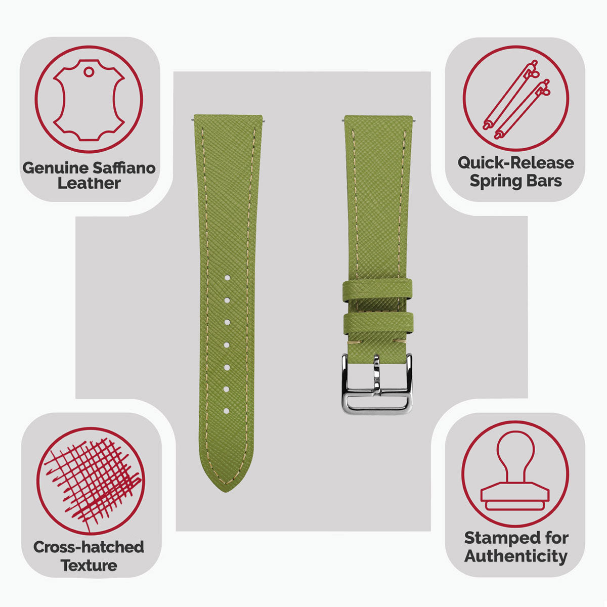 Brixham Special Buckle Saffiano Leather Watch Strap - Avocado Green