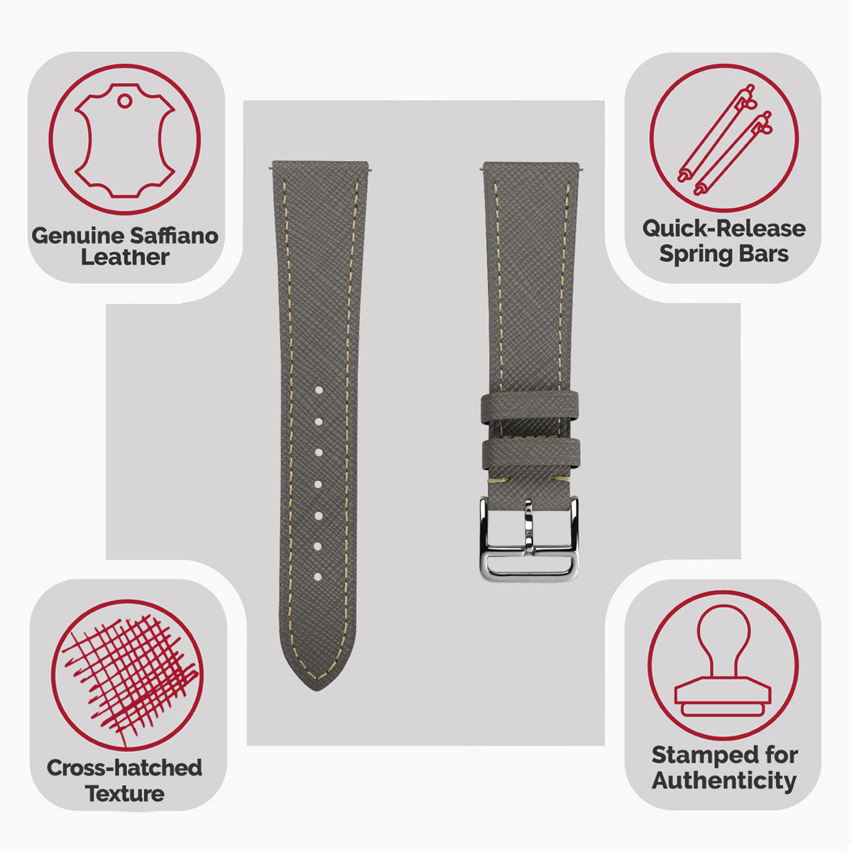 Brixham Special Buckle Saffiano Leather Watch Strap - Grey