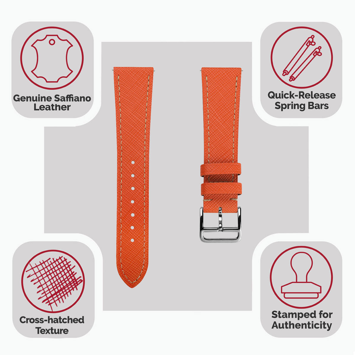 Brixham Special Buckle Saffiano Leather Watch Strap - Seville Orange