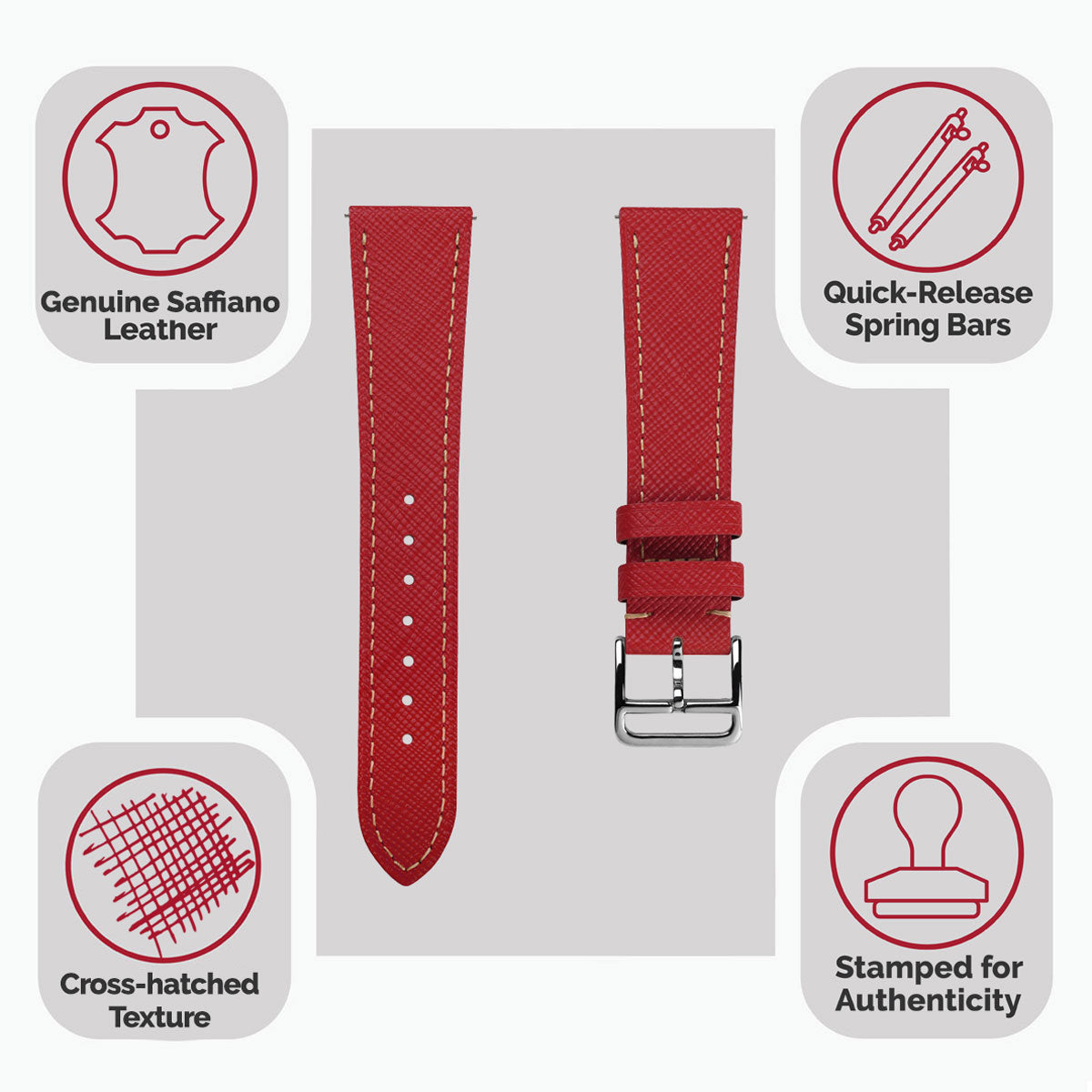 Brixham Special Buckle Saffiano Leather Watch Strap - Red