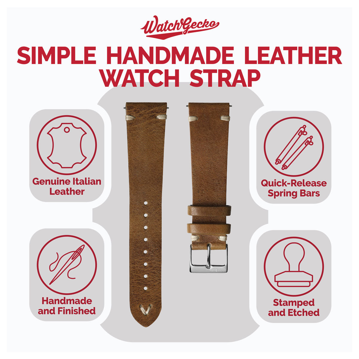 Simple Handmade Italian Leather Watch Strap - Light Brown