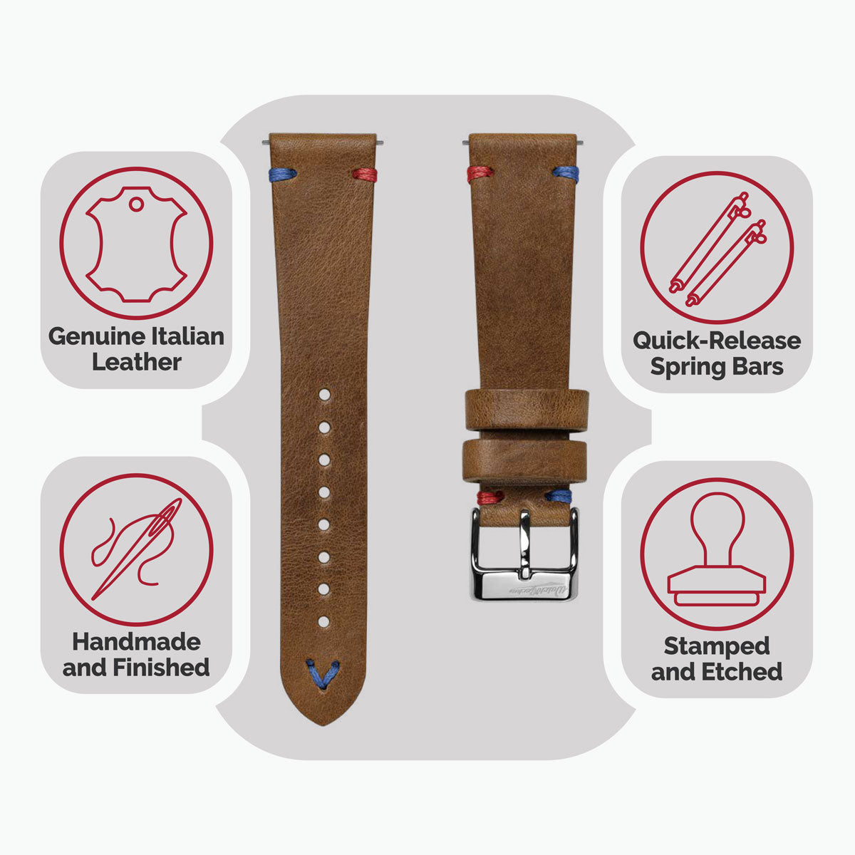 Simple Handmade Italian Leather Watch Strap - Light Brown Pepsi Stitch