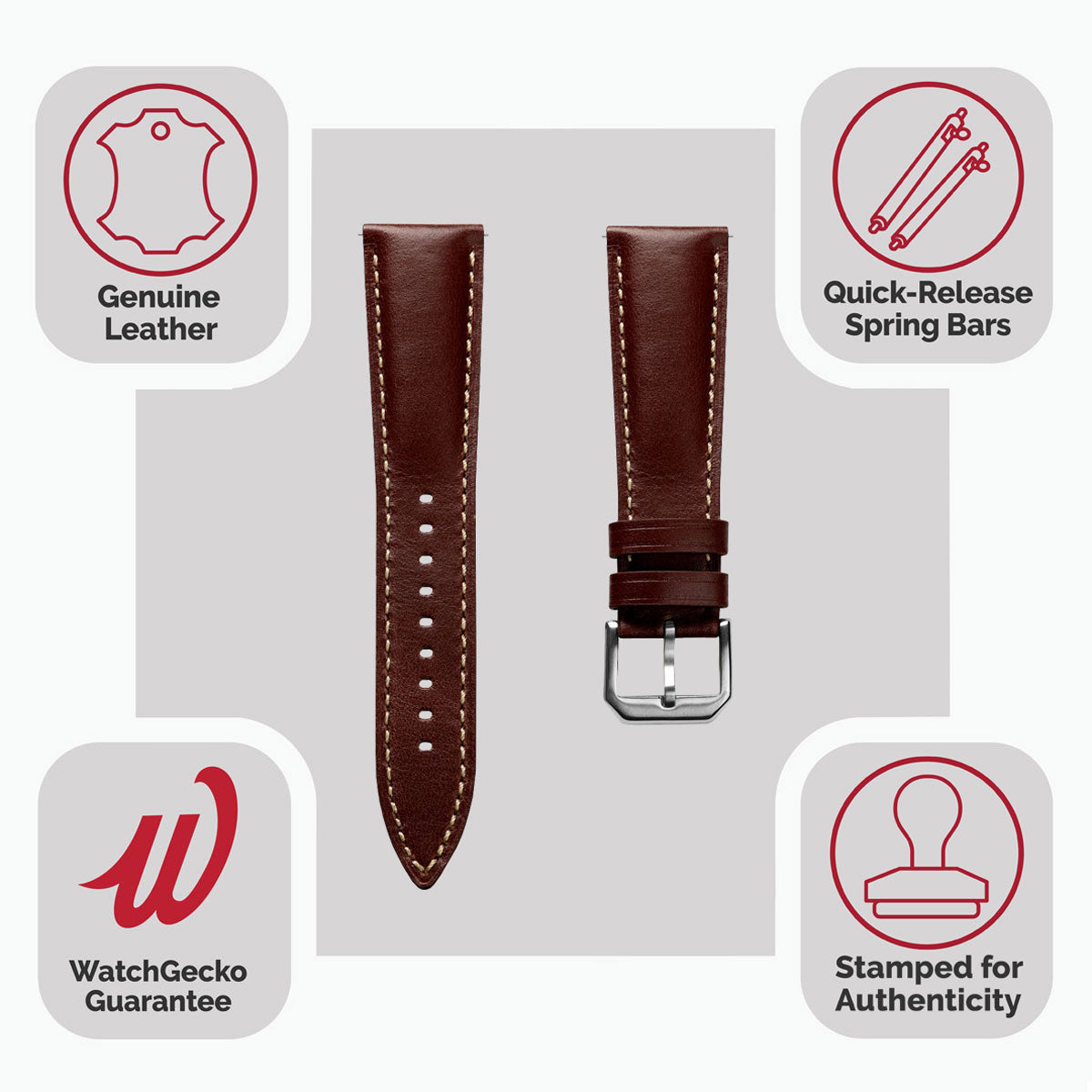 Tenby Classic Padded Genuine Leather Watch Strap  - Chestnut Brown