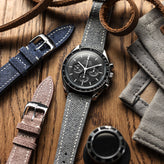 Arbour Hand-Stitched Denim Design Genuine Leather Watch Strap - Grey on Omega Speedmaster