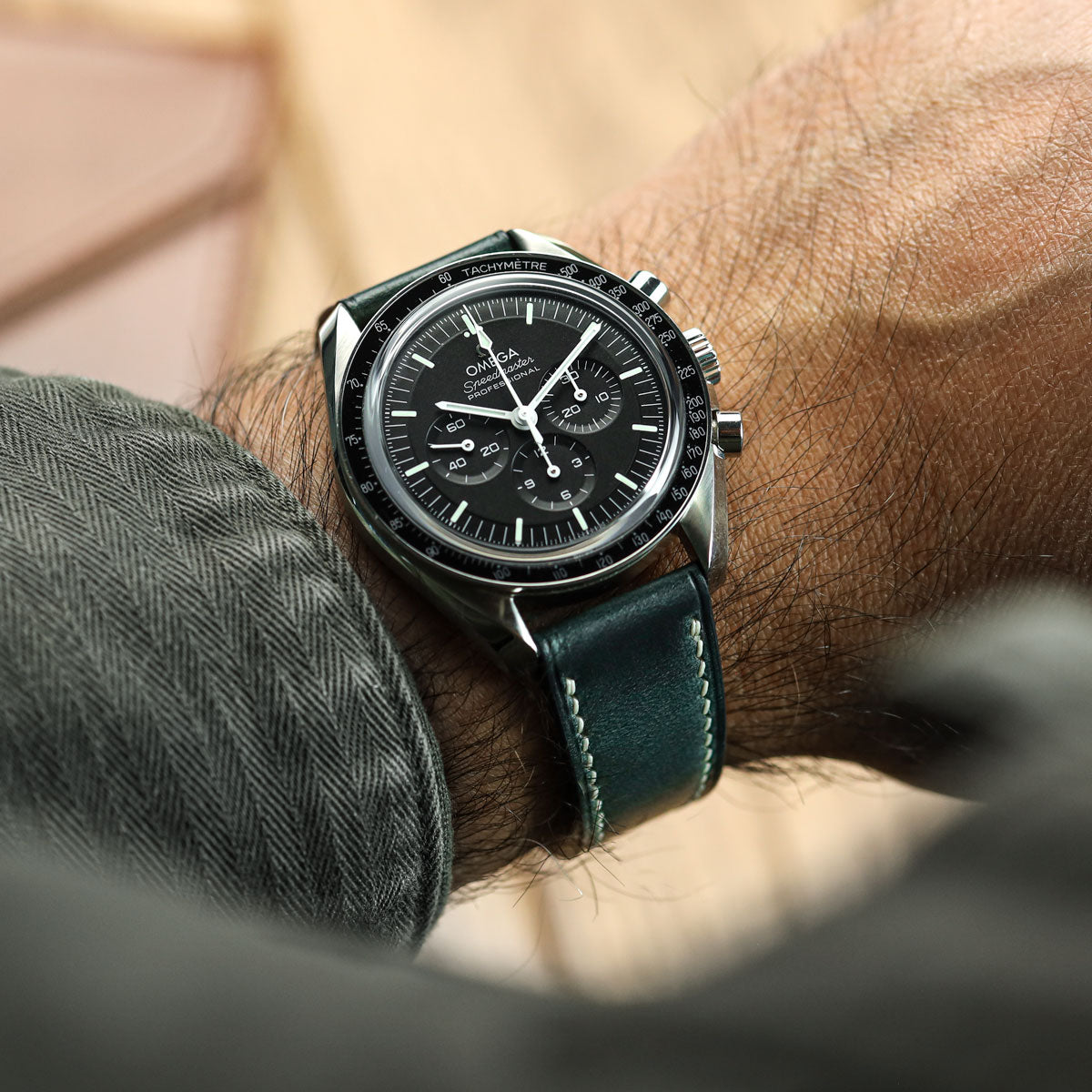 The Horween Chromexcel® Watch Strap - Navy on Omega Speedmaster