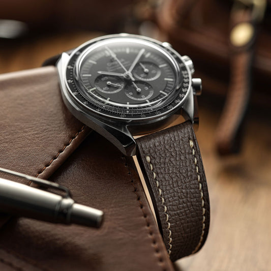 Hanley Epsom Leather Watch Strap - Dark Brown on Omega Speedmaster