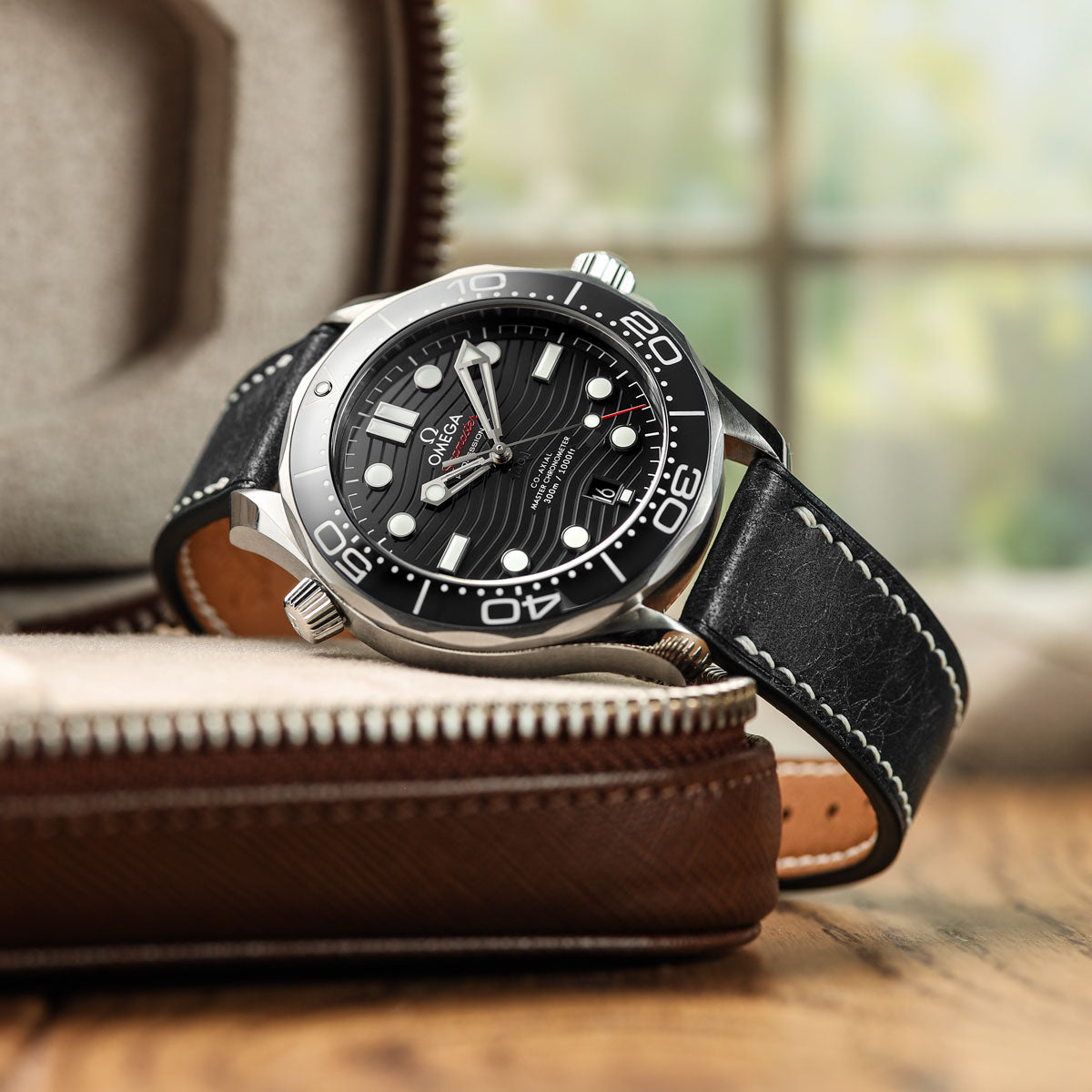 Bourton Hand-Stitched Genuine Italian Leather Watch Strap - Black on Omega Seamaster