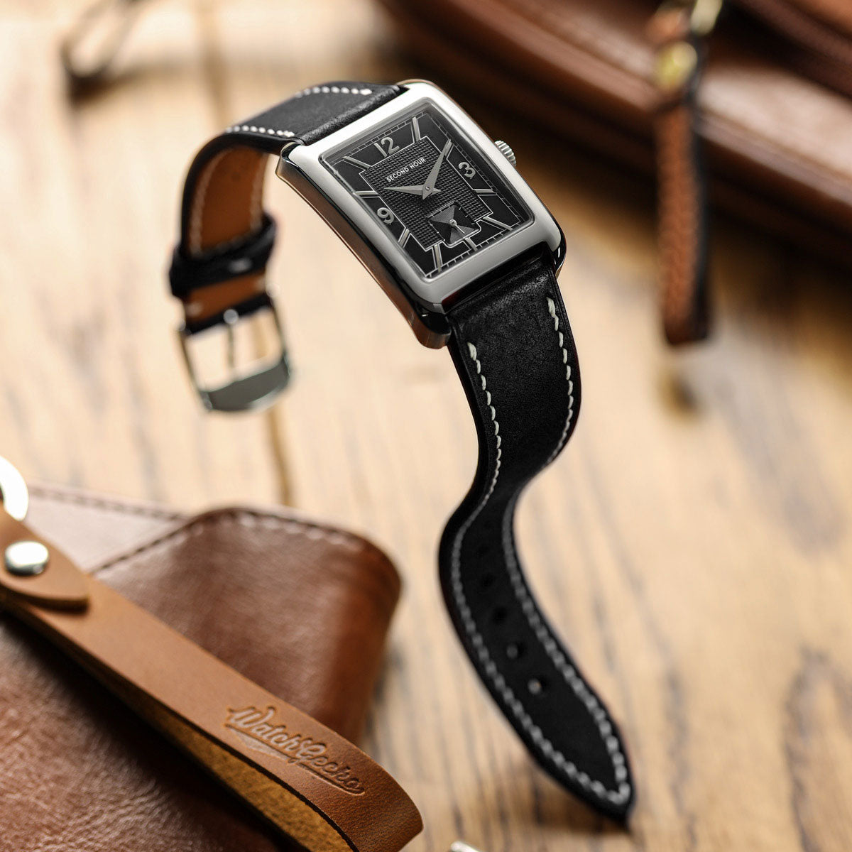 Bourton Hand-Stitched Genuine Italian Leather Watch Strap - Black on Second Hour