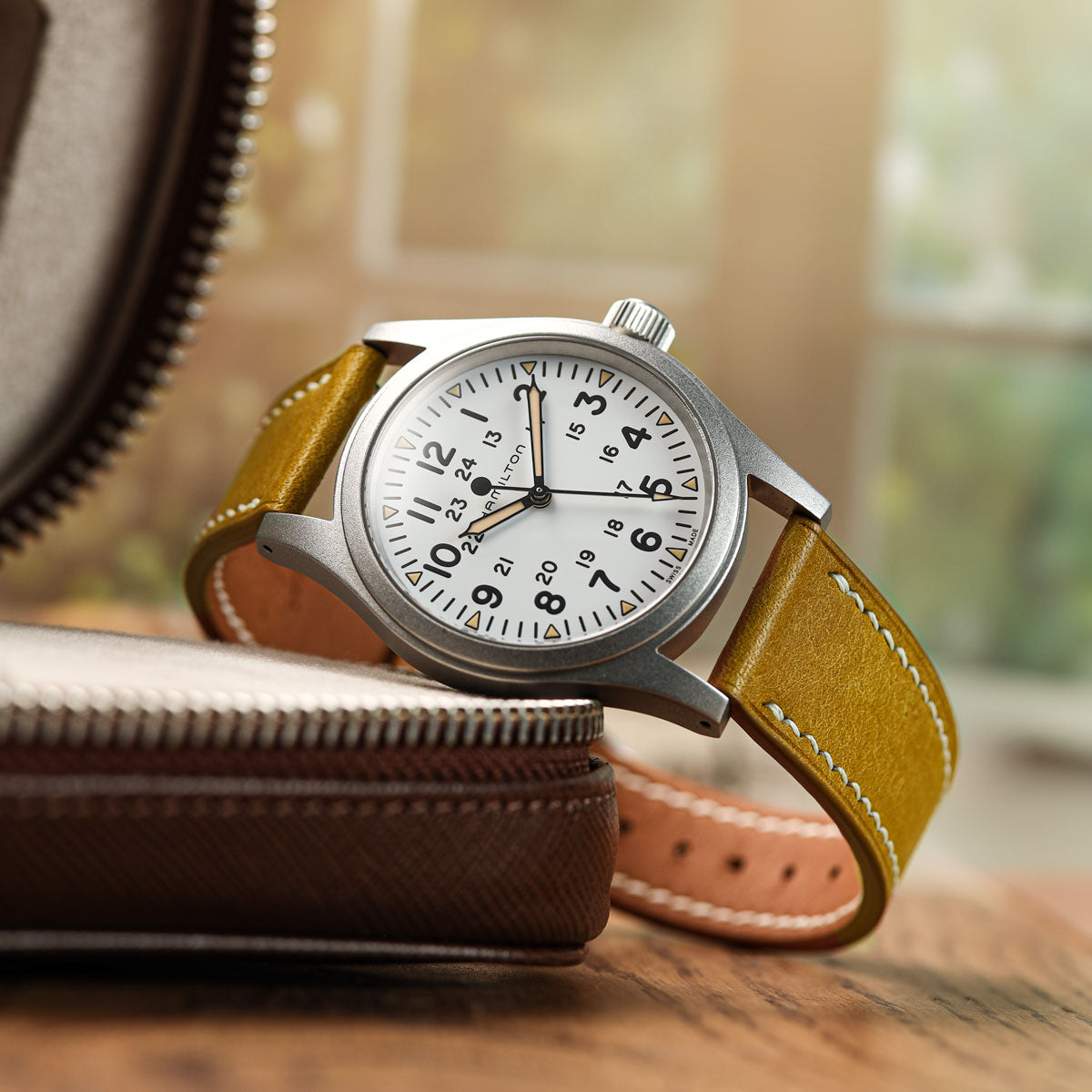 Bourton Hand-Stitched Genuine Italian Leather Watch Strap - Wheatfield on Hamilton Khaki