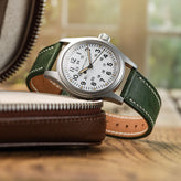 Bourton Hand-Stitched Genuine Italian Leather Watch Strap - Seaweed on Hamilton Khaki