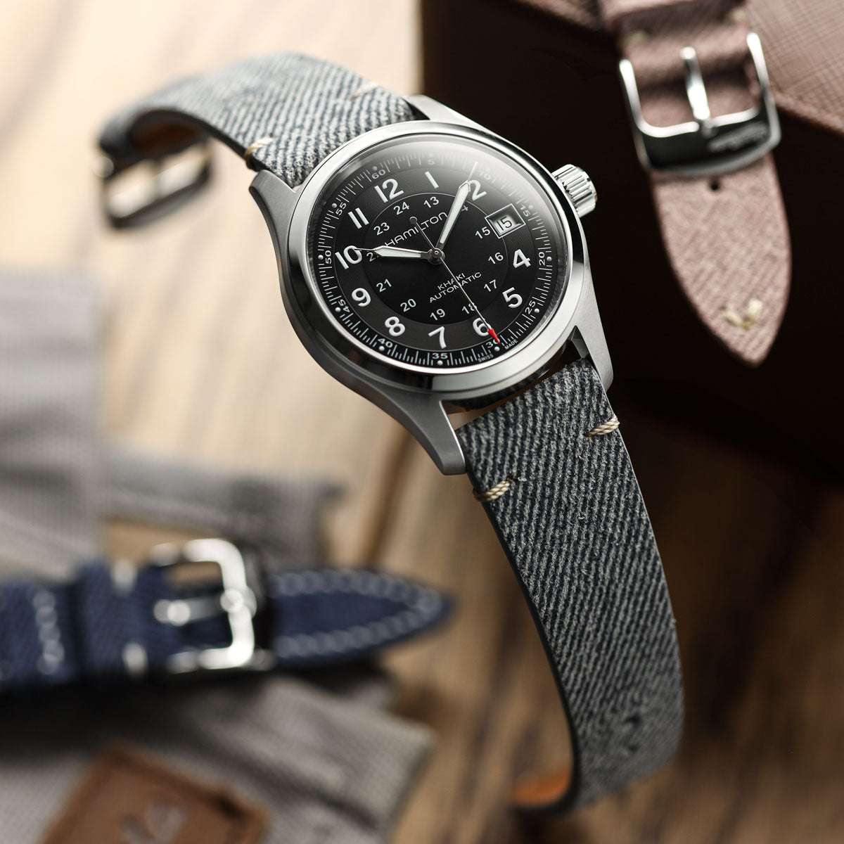 Arbour V-Stitch Denim Design Genuine Leather Watch Strap - Grey on Hamilton Khaki Field Auto