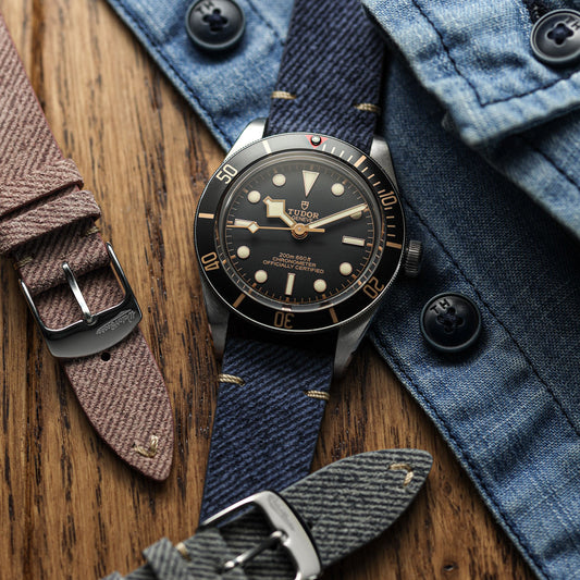 Arbour V-Stitch Denim Design Genuine Leather Watch Strap - Navy on Tudor Black Bay 58