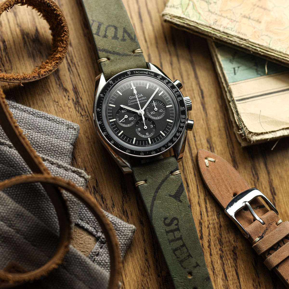 Newham Inverted Horween Shell Genuine Leather Watch Strap - Olive Green on Omega Speedmaster