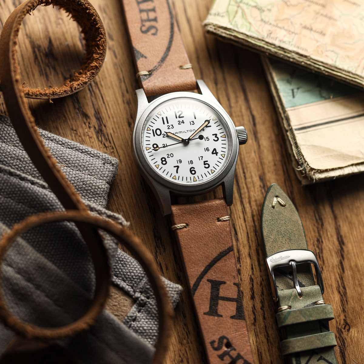 Newham Inverted Horween Shell Genuine Leather Watch Strap - Russet Brown on Hamilton Khaki