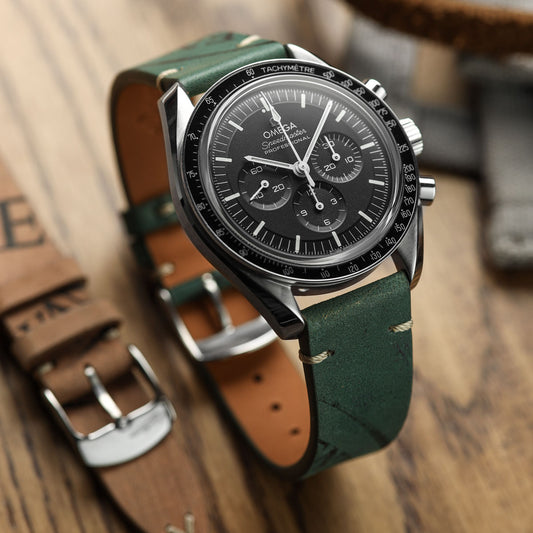 Newham Inverted Horween Shell Genuine Leather Watch Strap - Hunter Green on Omega Speedmaster