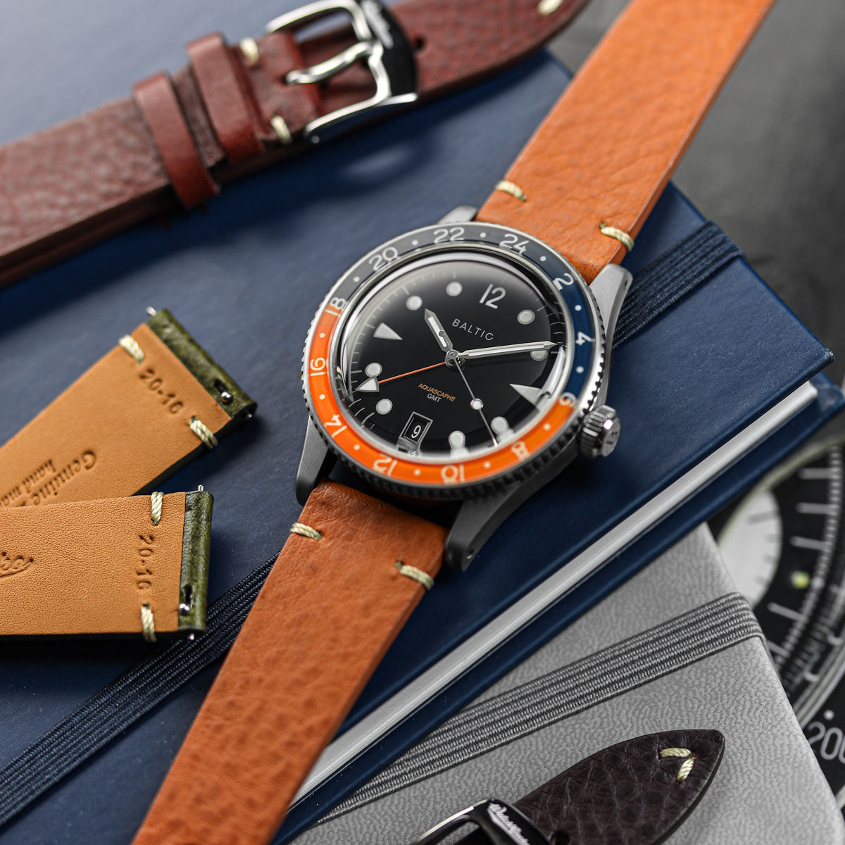 Finsbury Minerva Box Genuine Leather Watch Strap - Coral on Baltic Aquascaphe Classic Blue Gilt