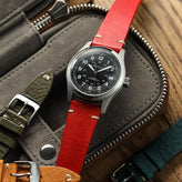 Finsbury Minerva Box Genuine Leather Watch Strap - Poppy Red on Hamilton Khaki Field Automatic