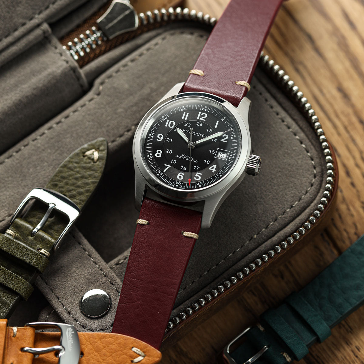 Finsbury Minerva Box Genuine Leather Watch Strap - Chestnut on Hamilton Khaki Field Automatic