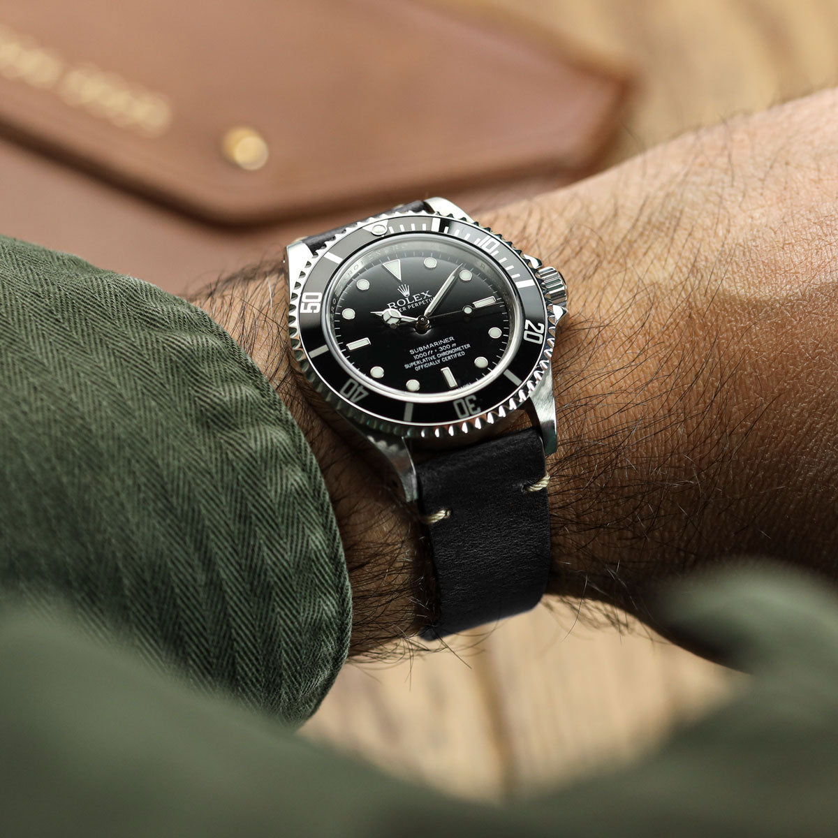 Genuine Horween Chromexcel® V-Stitch Leather Watch Strap - Black on Rolex Submariner