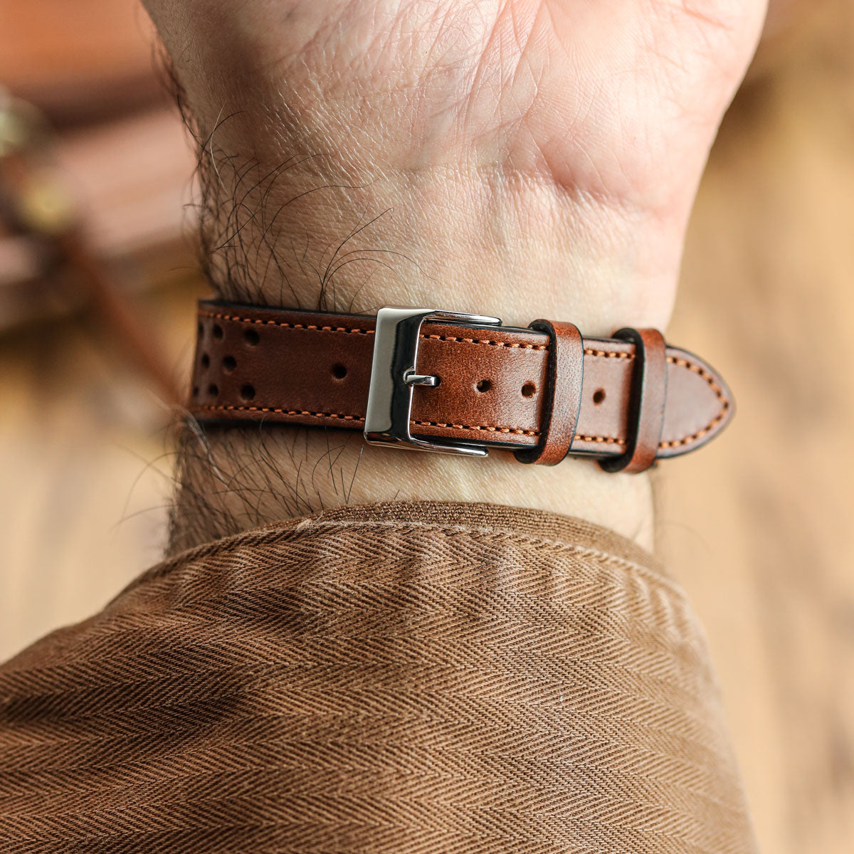 WatchGecko Missouri Perforated Leather Watch Strap - Medium Brown