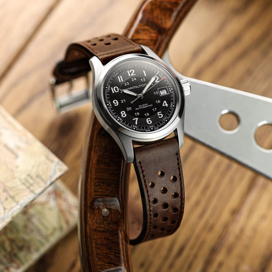 WatchGecko Missouri Perforated Leather Watch Strap - Dark Brown on Hamilton Khaki Field Automatic