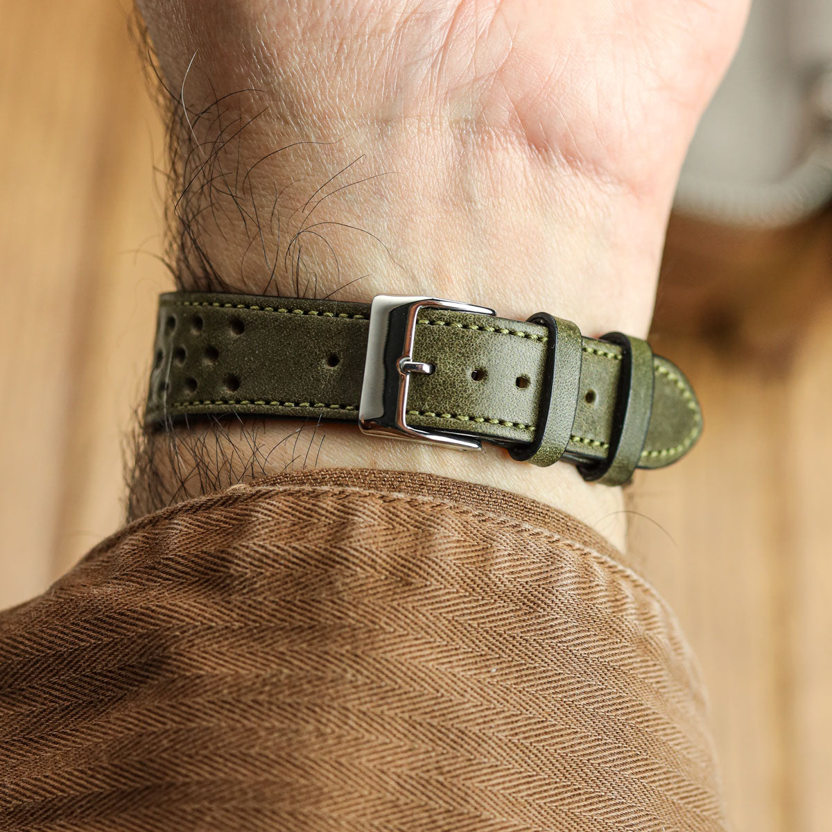 WatchGecko Missouri Perforated Leather Watch Strap - Green