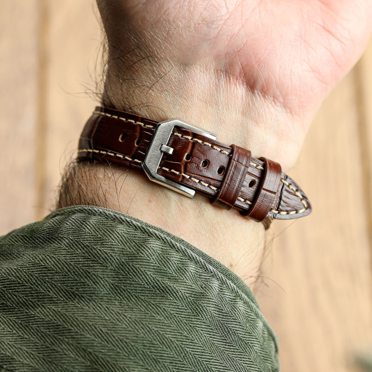 Carolina Gator Print Genuine Leather Watch Strap - Dark Brown