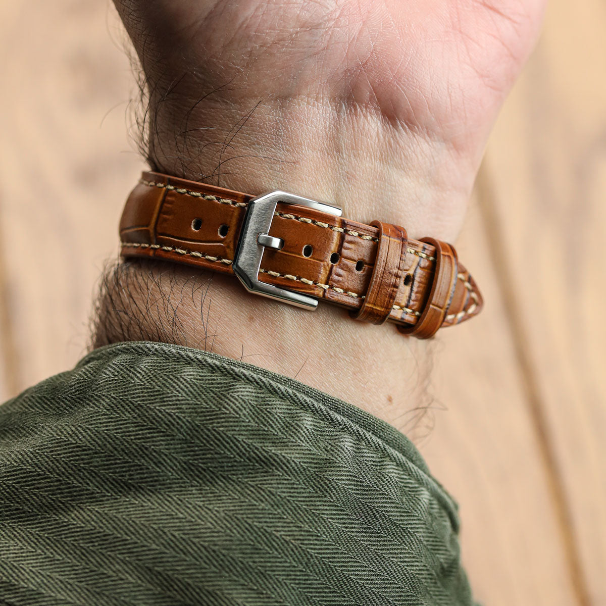 Carolina Gator Print Genuine Leather Watch Strap - Tan