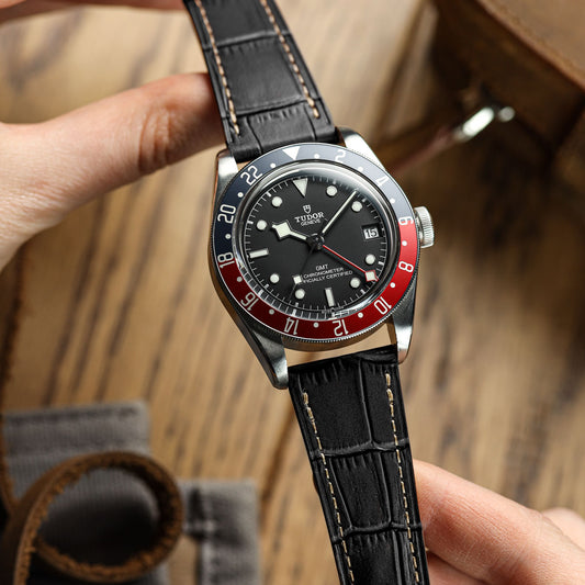 Brixham Special Buckle Gator Watch Strap - Black on Tudor GMT