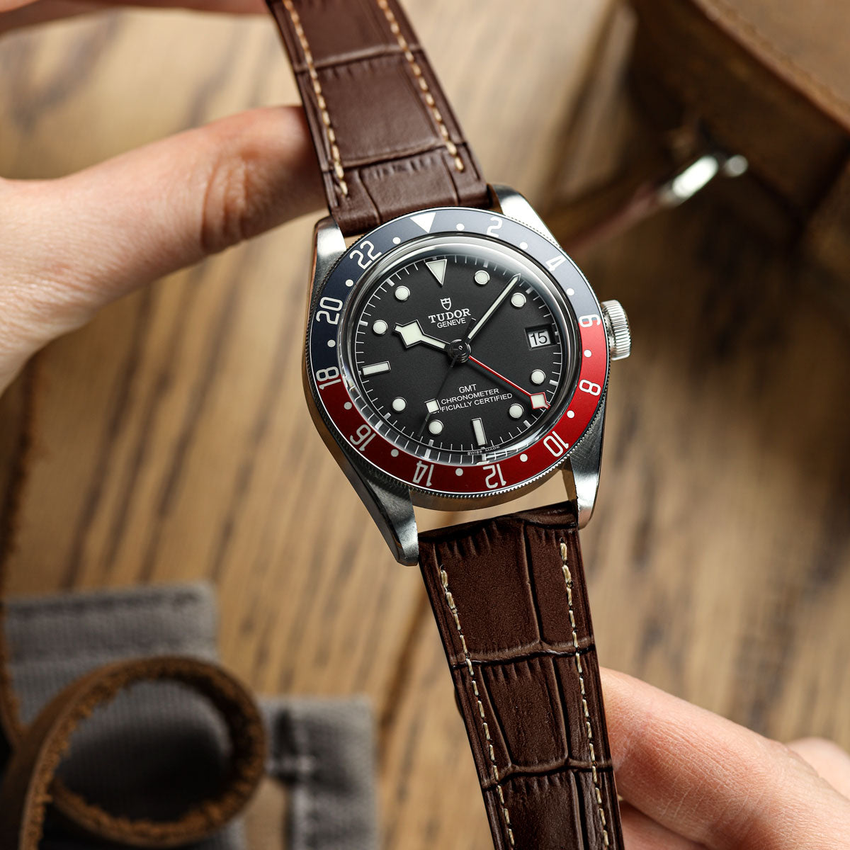 Brixham Special Buckle Gator Watch Strap - Brown on Tudor GMT