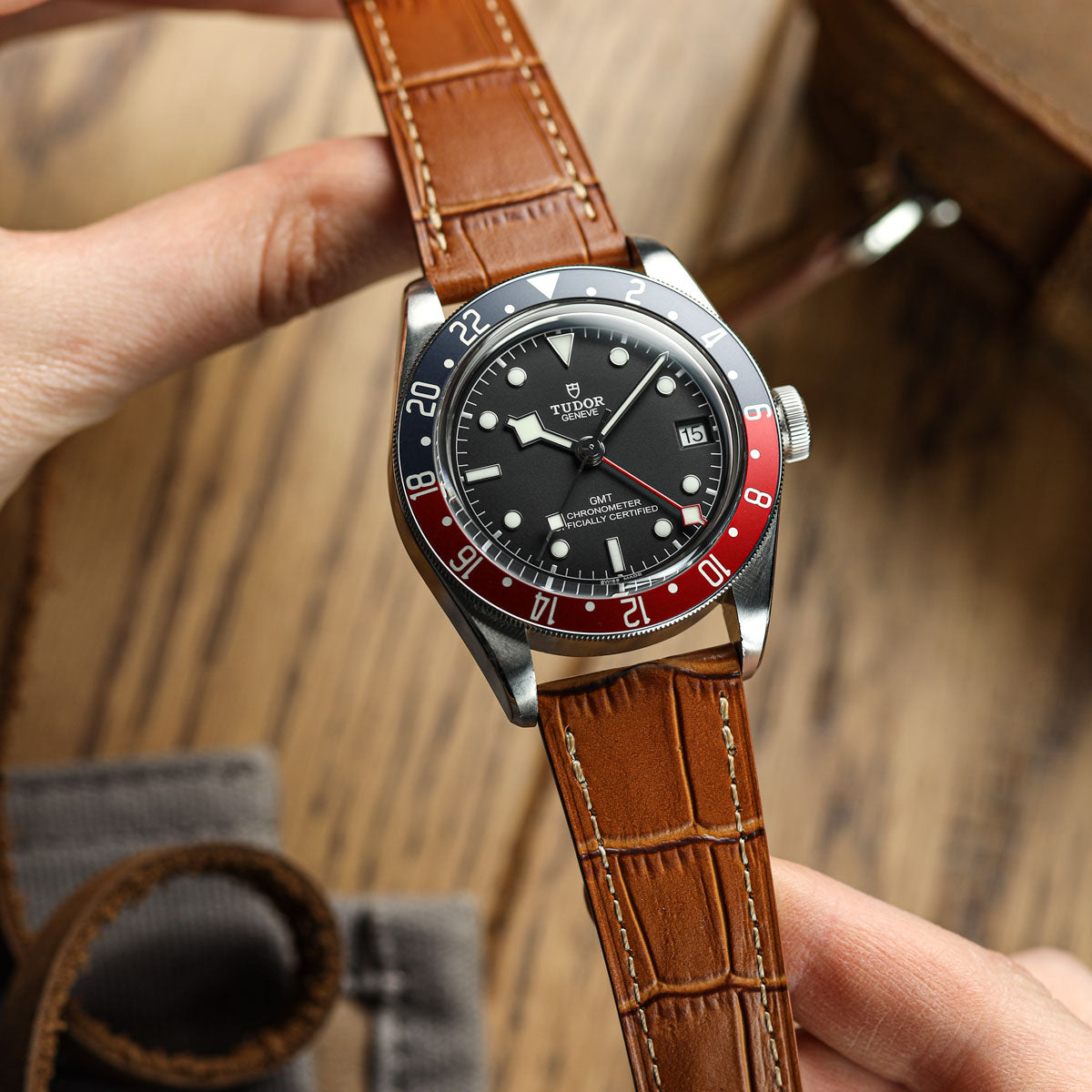 Brixham Special Buckle Gator Watch Strap - Tan on Tudor GMT