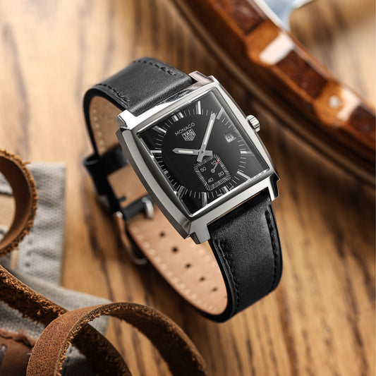 Brixham Special Buckle Classic Leather Watch Strap - Black / Black on Tag Heuer Monaco