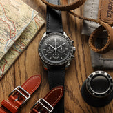 Brixham Special Buckle Classic Leather Watch Strap - Black / Black on Omega Speedmaster