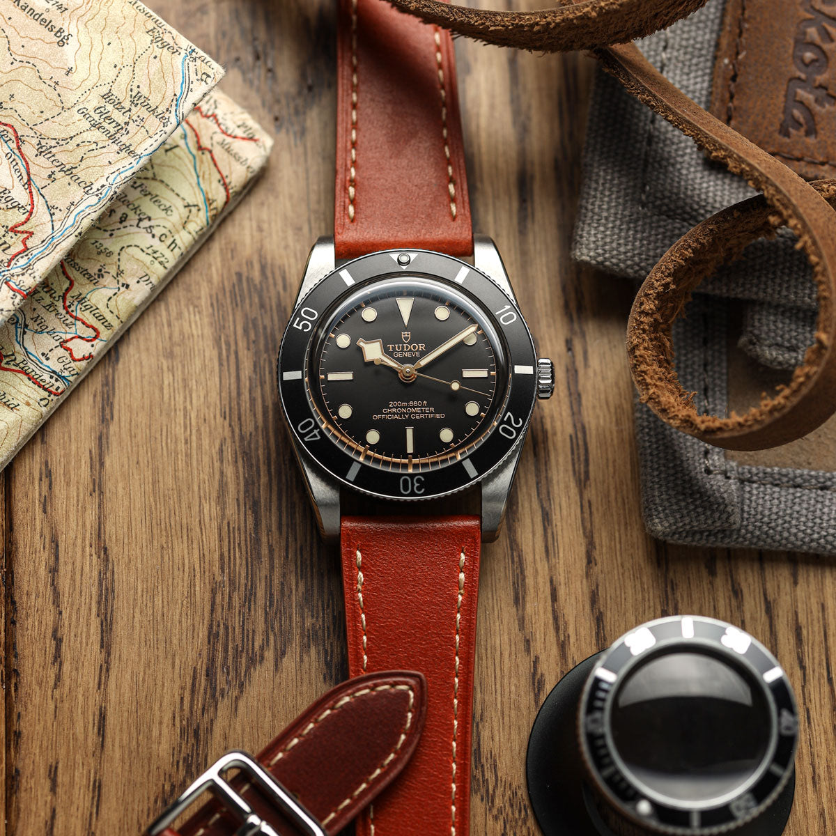 Brixham Special Buckle Classic Leather Watch Strap - Rust Brown on Tudor Black Bay 58