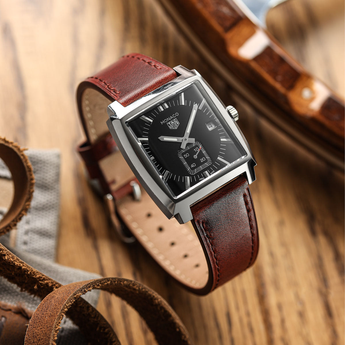 Brixham Special Buckle Classic Leather Watch Strap - Chestnut / Chestnut on Tag Heuer Monaco