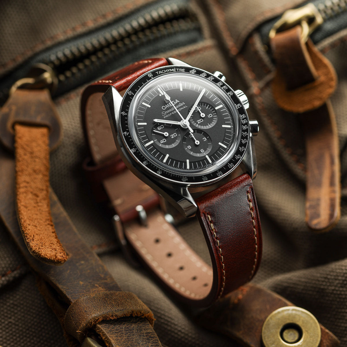 Brixham Special Buckle Classic Leather Watch Strap - Chestnut Brown on Omega Speedmaster