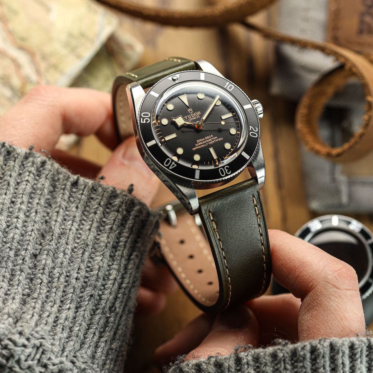 Brixham Special Buckle Classic Leather Watch Strap - Patina Green on Tudor Black Bay 58