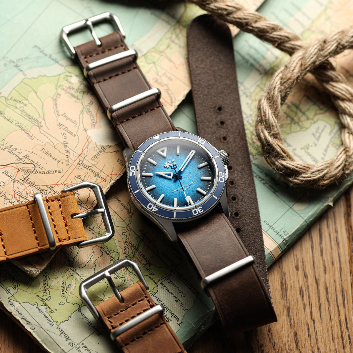 WatchGecko British Military Watch Strap: Cambridge Crazy Pull-Up Leather - Chocolate Brown on Christopher Ward C60 Trident Lumiere