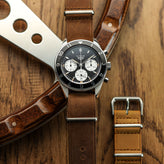 WatchGecko British Military Watch Strap: Cambridge Crazy Pull-Up Leather - Chocolate Brown on Tag Heuer Autavia