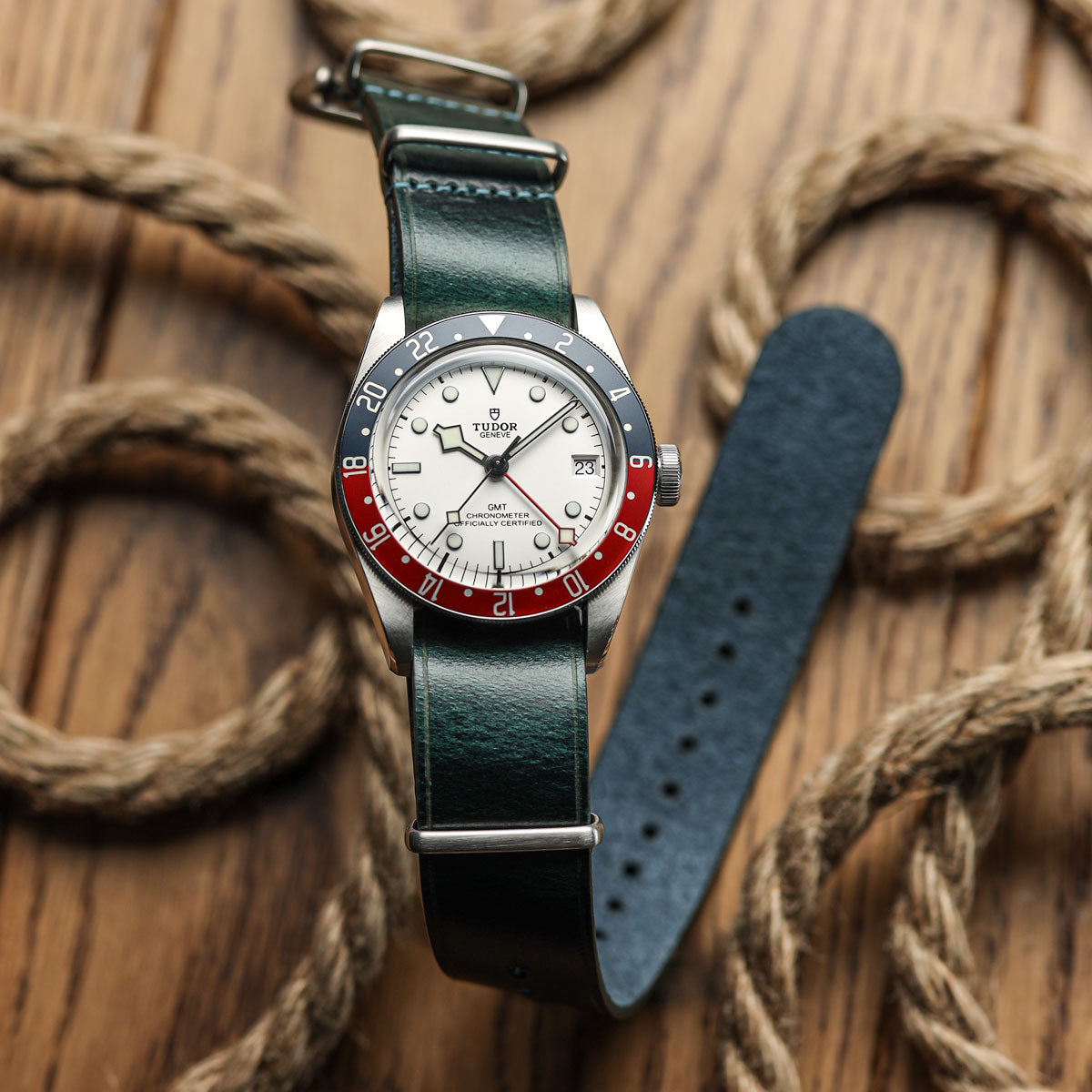 WatchGecko Genuine Leather British Military Watch Strap: Cambridge - Vintage Blue on Tudor GMT