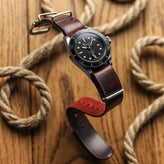 WatchGecko Genuine Leather British Military Watch Strap: Cambridge - Vintage Red on Squale 1545