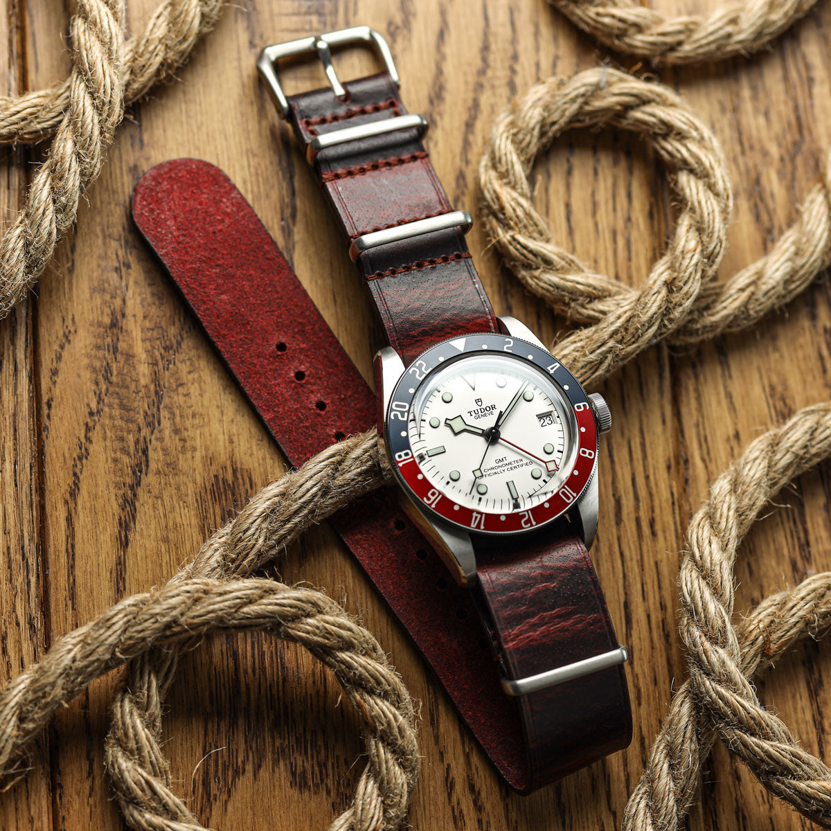 WatchGecko Genuine Leather British Military Watch Strap: Cambridge - Vintage Red on Tudor GMT