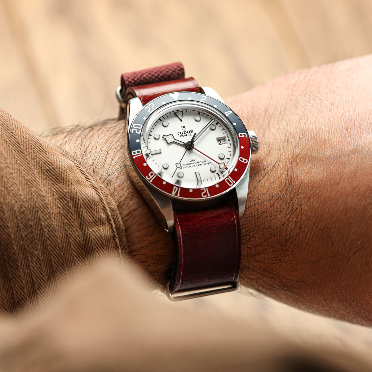 WatchGecko Genuine Leather British Military Watch Strap: Cambridge - Vintage Red on Tudor GMT