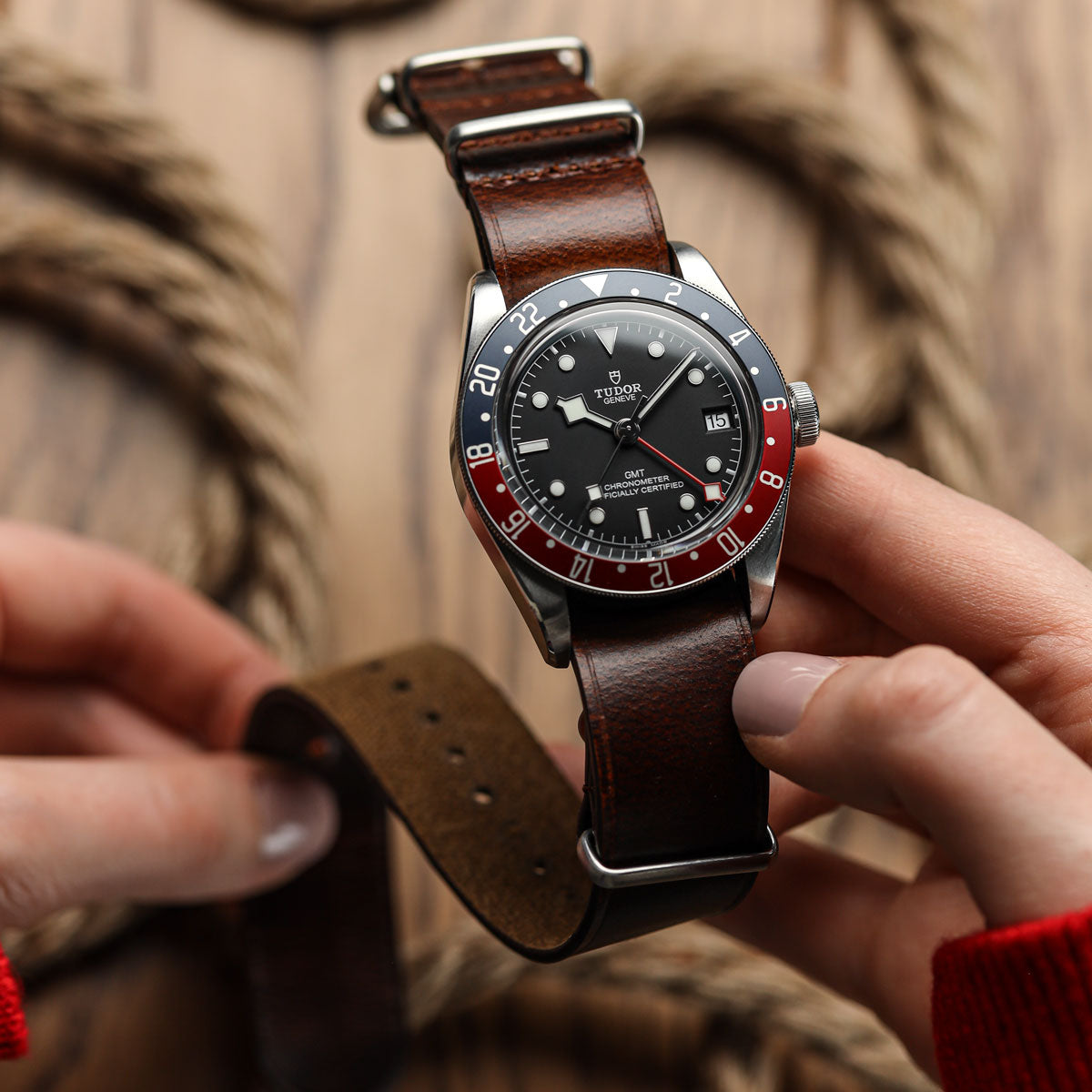 WatchGecko Genuine Leather British Military Watch Strap: Cambridge - Reddish Brown on Tudor GMT