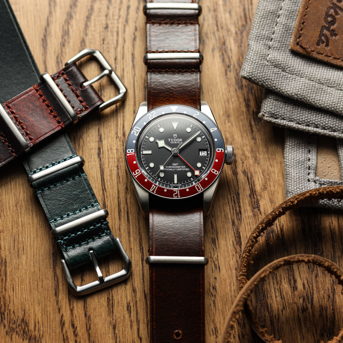 WatchGecko Genuine Leather British Military Watch Strap: Cambridge - Reddish Brown on Tudor GMT