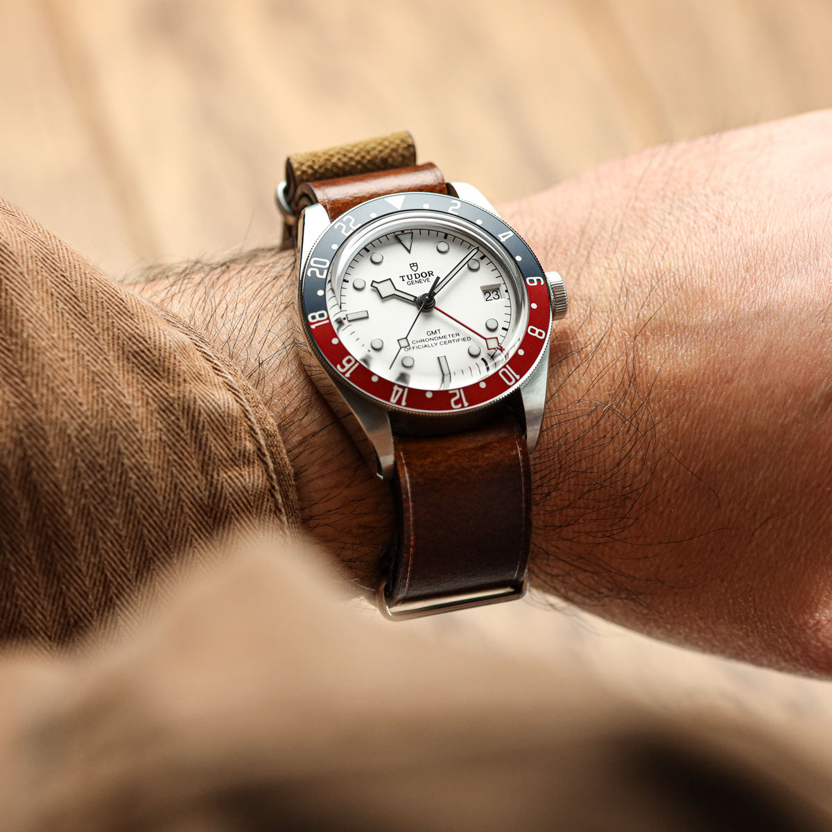 WatchGecko Genuine Leather British Military Watch Strap: Cambridge - Reddish Brown on Tudor GMT