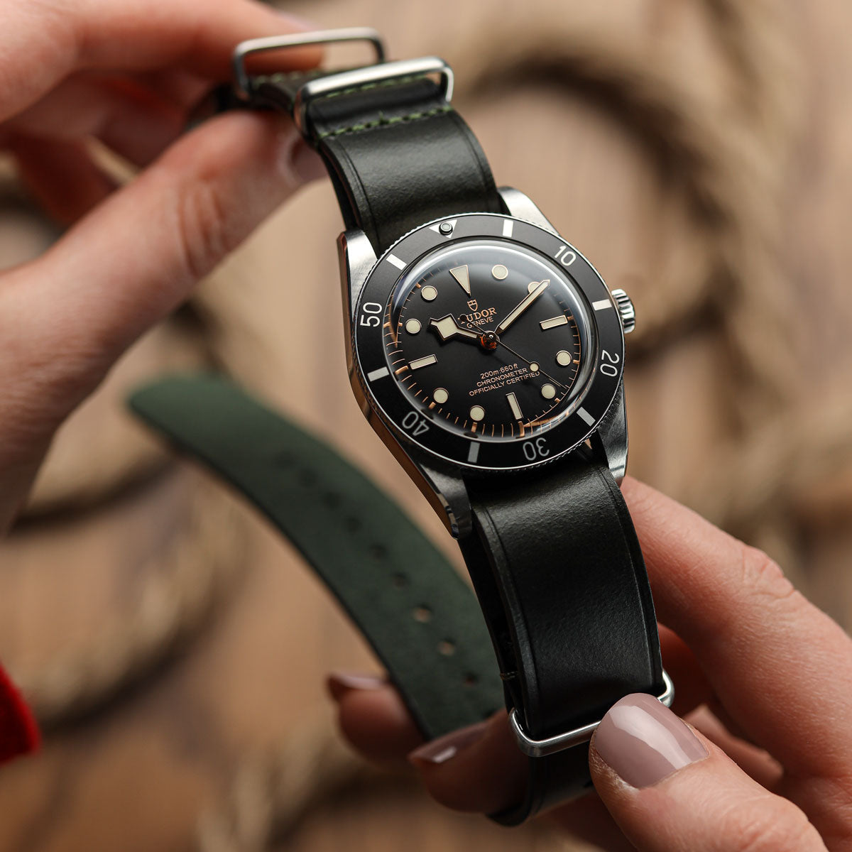 WatchGecko Genuine Leather British Military Watch Strap: Cambridge - Vintage Green on Tudor Black Bay 58