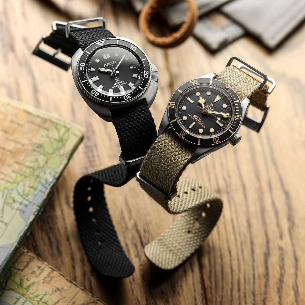 Seiko and Tudor on WatchGecko Braemore Military Nylon Watch Strap - Black and Beige